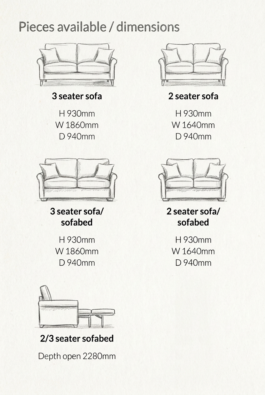 A dimension chart showing line drawings of seating options with text labels: three seater sofa, two seater sofa, three seater sofa/sofabed, two seater sofa/sofabed, 2/3 seater sofas, and chair, each with height, width, and depth measurements.