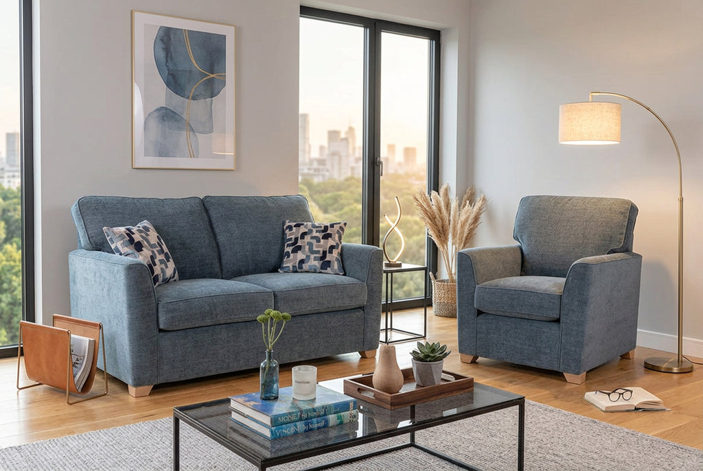 A blue upholstered sofa-bed and matching armchair in a modern glass and-wood living room, styled with patterned cushions , a coffee table, lamps, and decorative items.
