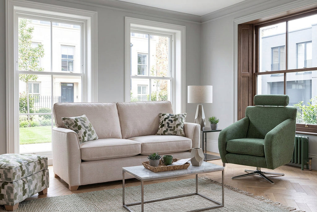 A cream-colored two-seater sofa with two patterned throw pillows, set in a rustic room with stone and wood walls next to a green armchair.