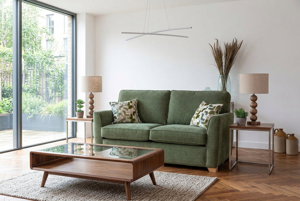An olive green two-seater sofa bed with two patterned throw pillows, styled in a modern living room setting with wooden side tables, lamps, and a painted white wall background.