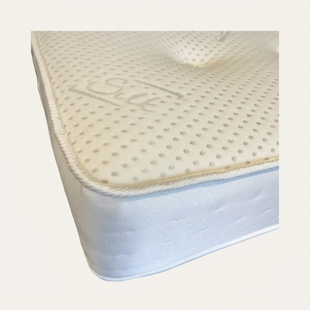 Close-up of a mattress corner showing a textured white top surface with a dotted pattern, a stitched edge, and a white side panel.