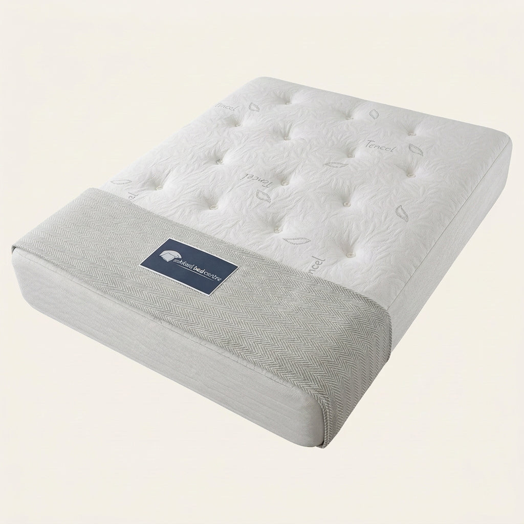 A mattress shown from above in a showroom setting, with a white tufted top section and a light gray patterned lower section. A dark blue label on the front reads 'ashford bed centre'.