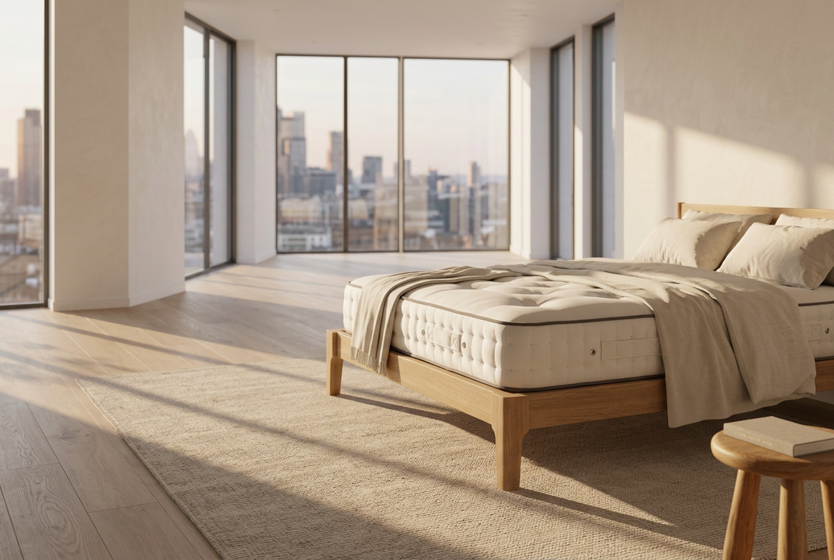 A neatly made bed with a tufted Lustleigh cream mattress, light wood frame, and beige bedding in a bright, modern bedroom with large windows overlooking a city skyline.