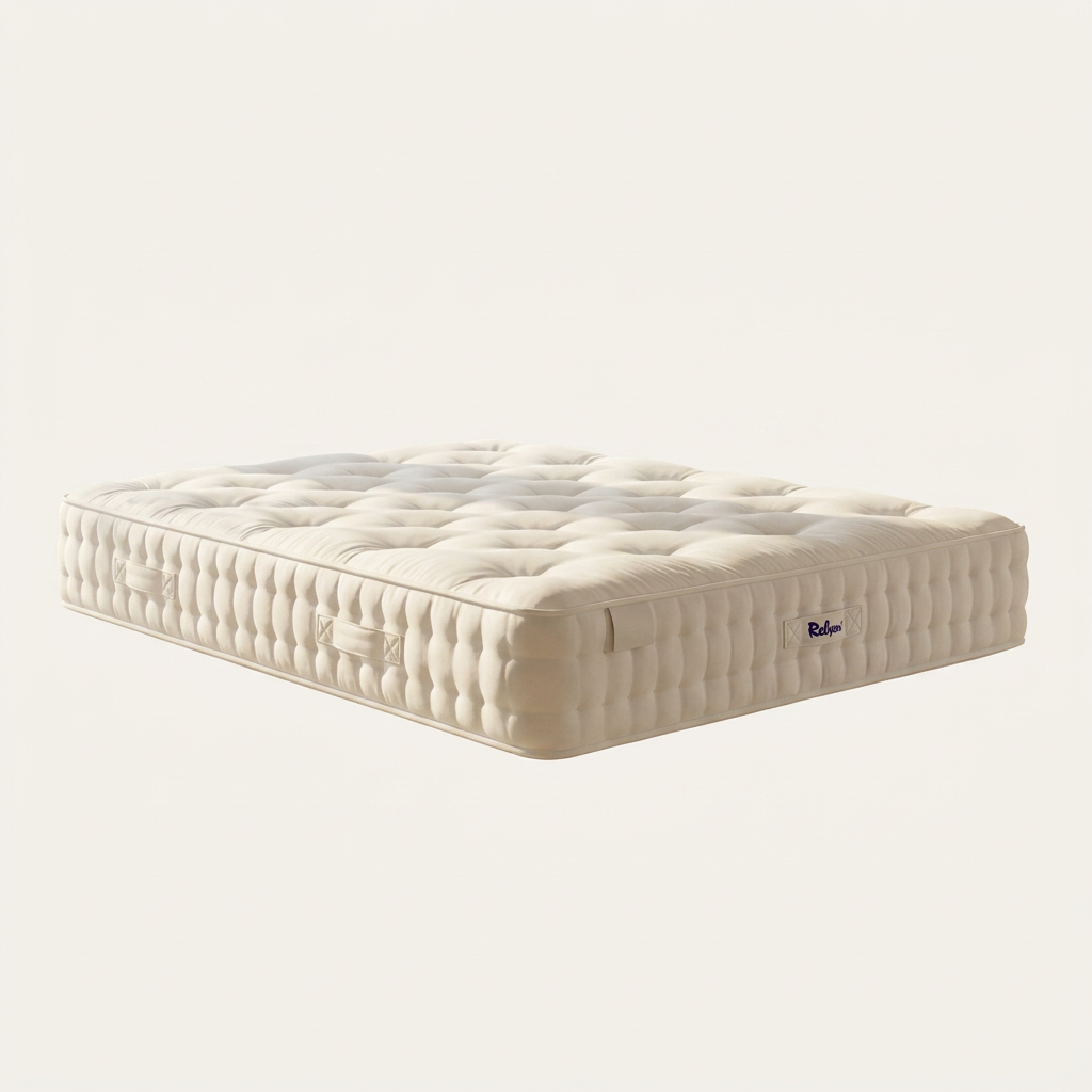 A close-up studio shot of a white tufted mattress corner with visible Relyon brand labels, resting on a dark gray bed base against a clean white background.
