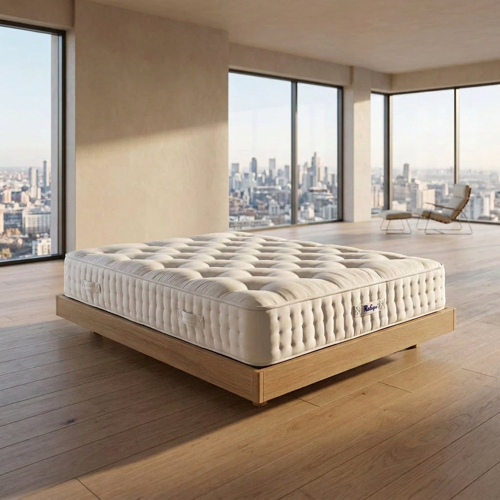 Relyon Ashbourne Ortho mattress on a wooden bed base in a bright room with large windows
