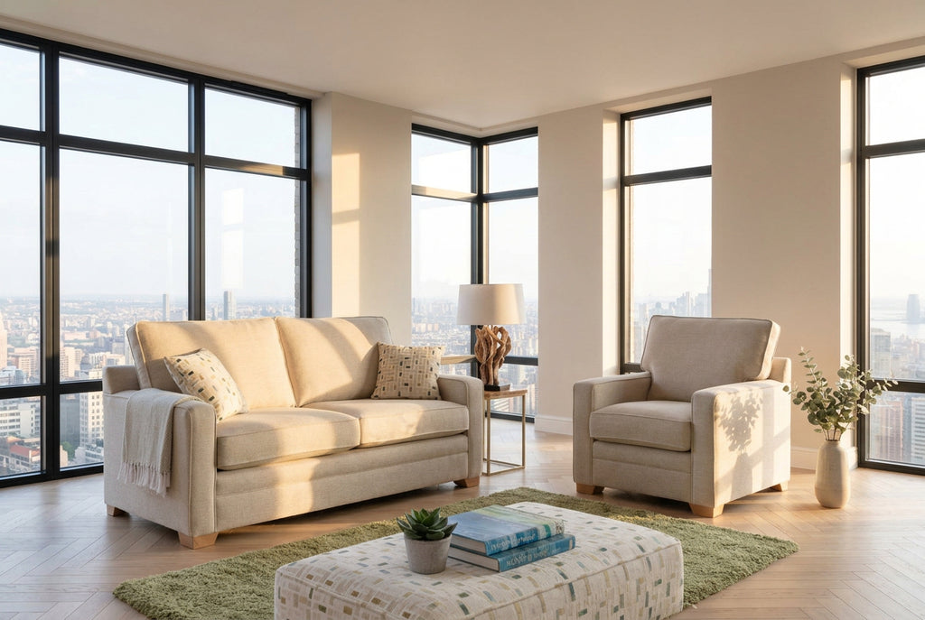 A styled living room featuring a light beige three-seater sofa and a matching armchair, arranged around a white patterned ottoman in front of a rustic wood and stone fireplace.