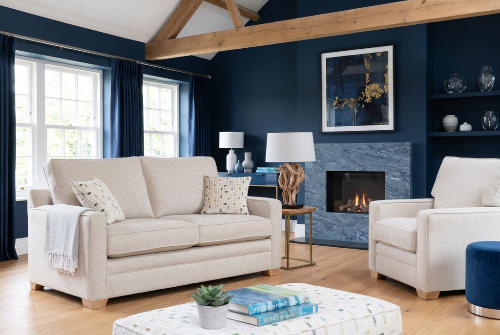Alstons biege sofa bed with arm chair set in blue lounge