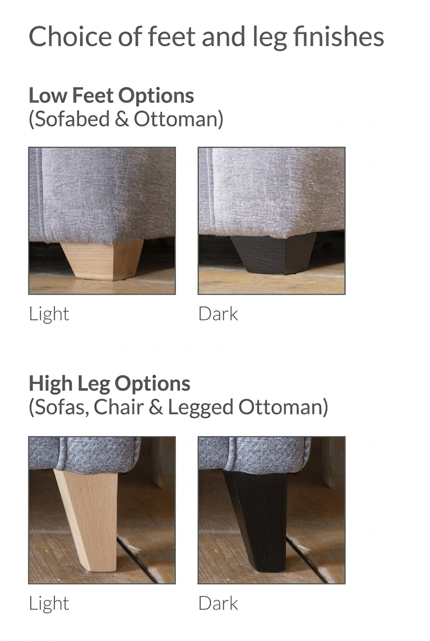 Sofa leg options shown for poppy sofa light or dark legs light or dark feet 