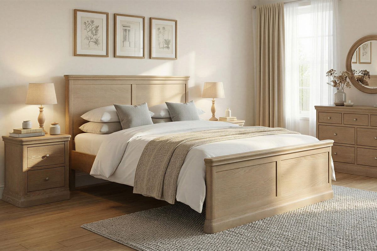 Oak bed frame with a panelled headboard and matching oak bedside tables and chest of drawers


